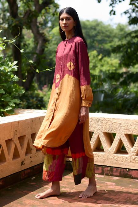Buy_Medha_Mustard Silk Embroidery Collared And Maroon Tunic Pant Set _Online_at_Aza_Fashions