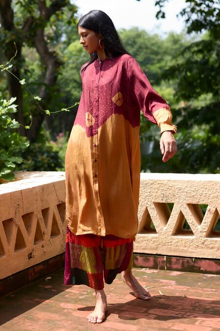 Shop_Medha_Mustard Silk Embroidery Collared And Maroon Tunic Pant Set _Online_at_Aza_Fashions