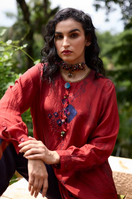 Medha_Orange Silk, Cotton Embroidery, Beads Round Neck Tunic And Pant Set _Online_at_Aza_Fashions