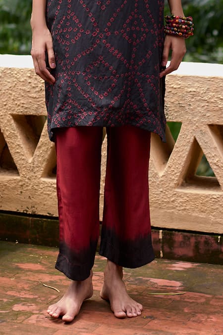 Medha_Black Silk, Cotton Beads Mandarin Collar And Red Handcrafted Tunic Pant Set _Online_at_Aza_Fashions