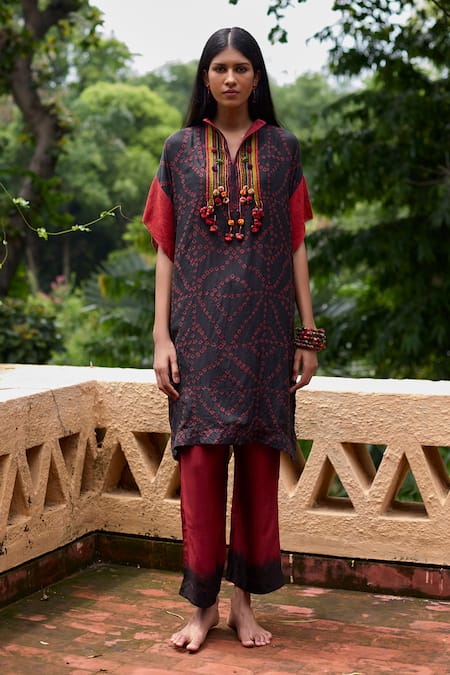 Medha Black Silk, Cotton Beads Mandarin Collar And Red Handcrafted Tunic Pant Set 