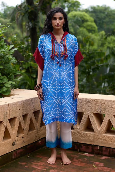 Medha Blue Silk, Cotton Tassels Collared Light Tunic And Pant Set