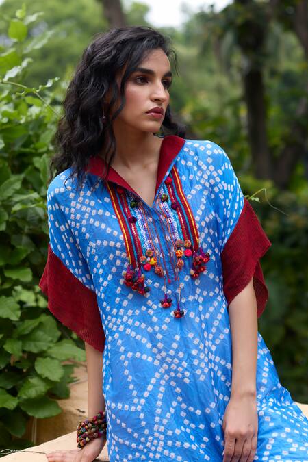 Medha_Blue Silk, Cotton Tassels Collared Light Tunic And Pant Set _Online_at_Aza_Fashions