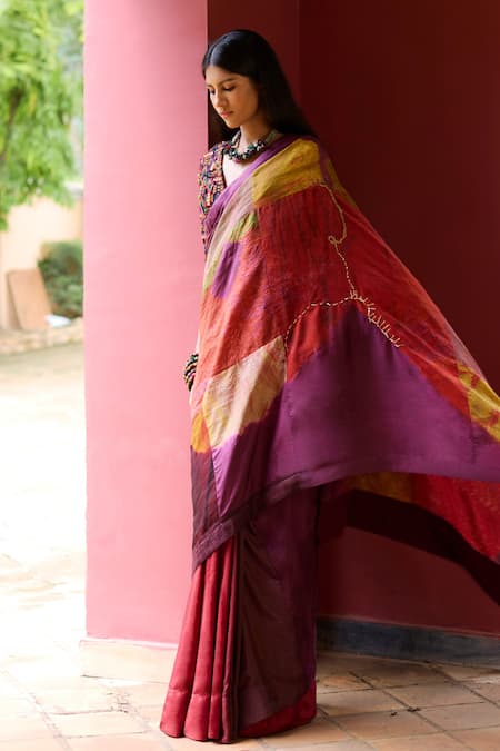 Medha_Purple Silk Embroidery, Beads V-neck Multi Color Saree And Blouse Set _Online_at_Aza_Fashions