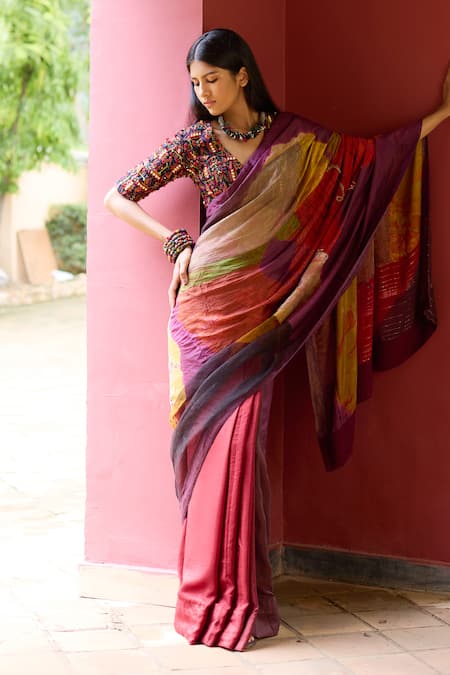 Medha Purple Silk Embroidery, Beads V-neck Multi Color Saree And Blouse Set