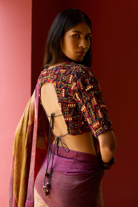 Shop_Medha_Purple Silk Embroidery, Beads V-neck Multi Color Saree And Blouse Set _Online_at_Aza_Fashions