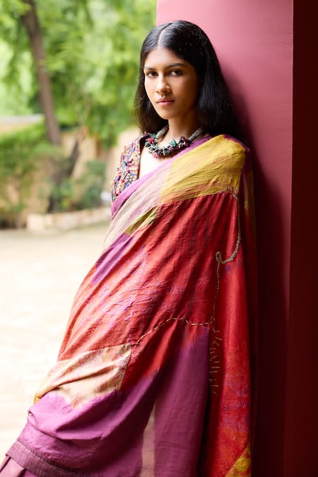 Buy_Medha_Purple Silk Embroidery, Beads V-neck Multi Color Saree And Blouse Set 