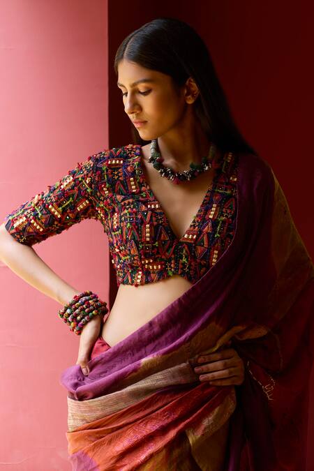 Shop_Medha_Purple Silk Embroidery, Beads V-neck Multi Color Saree And Blouse Set 