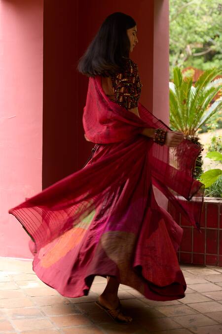 Medha_Maroon Silk, Chiffon Embroidery V-neck Multi Color Skirt Set With Dupatta _Online_at_Aza_Fashions