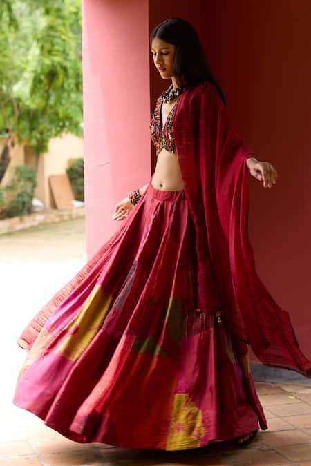 Buy_Medha_Maroon Silk, Chiffon Embroidery V-neck Multi Color Skirt Set With Dupatta _Online_at_Aza_Fashions