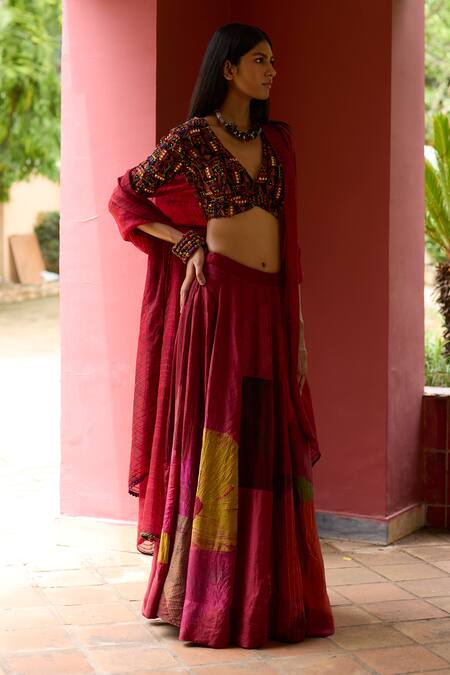 Shop_Medha_Maroon Silk, Chiffon Embroidery V-neck Multi Color Skirt Set With Dupatta _Online_at_Aza_Fashions
