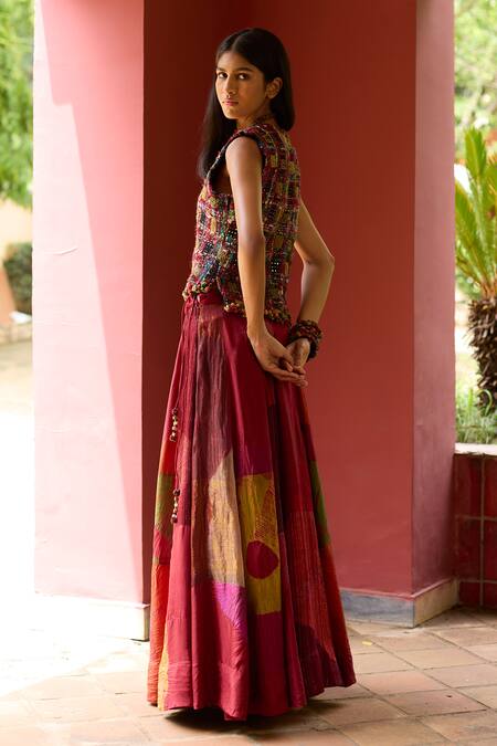 Medha_Maroon Silk, Cotton Beads V-neck Multi Color Skirt And Jacket Set _Online_at_Aza_Fashions
