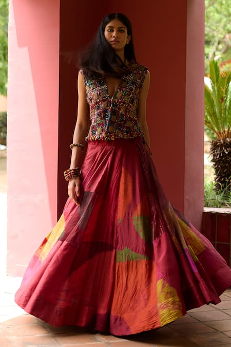 Medha Multi Color Silk Skirt & Jacket Set 