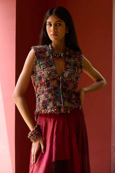 Buy_Medha_Maroon Silk, Cotton Beads V-neck Multi Color Skirt And Jacket Set _Online_at_Aza_Fashions