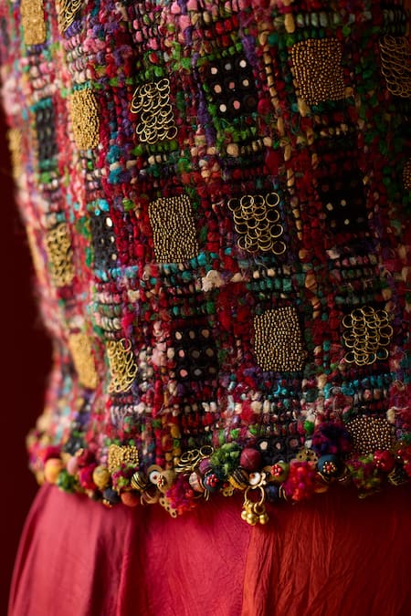 Shop_Medha_Maroon Silk, Cotton Beads V-neck Multi Color Skirt And Jacket Set _Online_at_Aza_Fashions