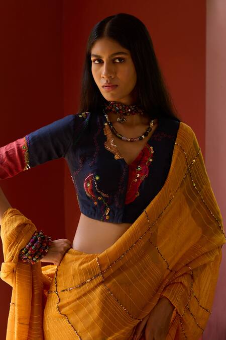 Medha_Yellow Silk, Cotton Beads, Embroidery Round Neck And Blue Saree With Blouse _Online_at_Aza_Fashions