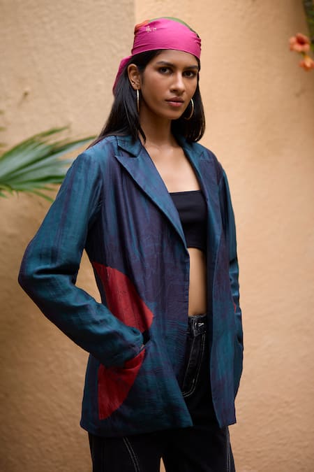 Medha Blue Silk, Cotton Embroidery Open Neck Teal Handcrafted Jacket