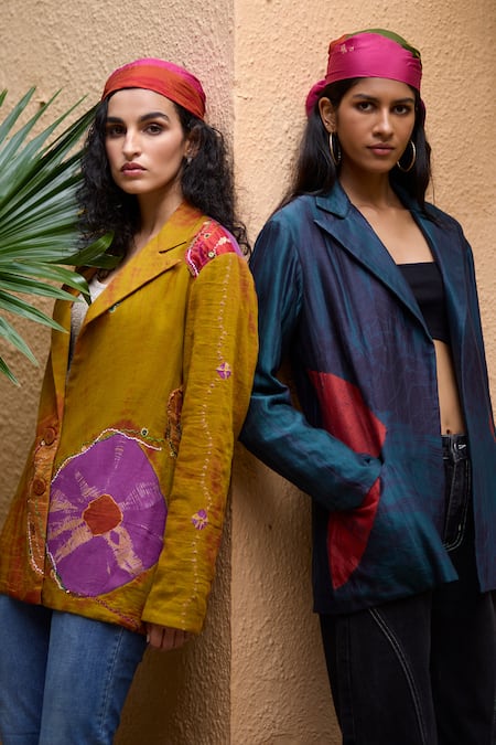 Medha_Blue Silk, Cotton Embroidery Open Neck Teal Handcrafted Jacket _Online_at_Aza_Fashions