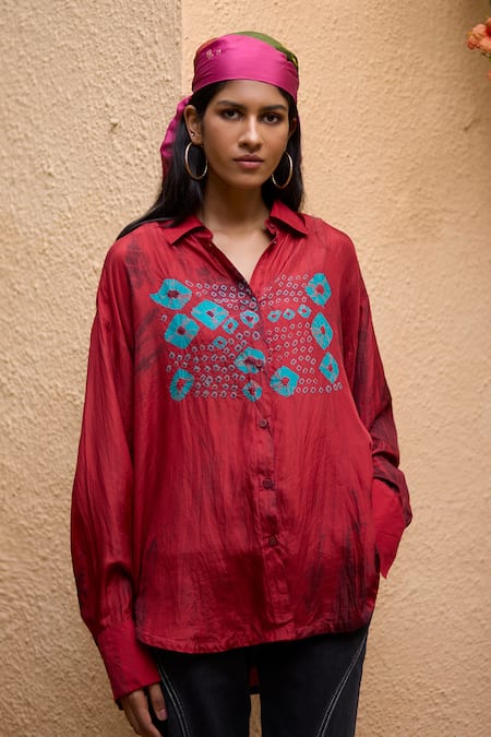 Medha Red Silk Embroidery Collared Handcrafted Shirt 