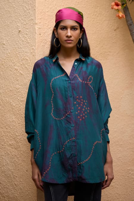 Medha Teal Blue Handcrafted Silk Shirt 