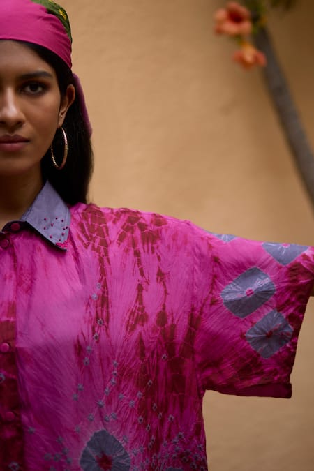 Medha_Pink Silk Embroidery Collared Handcrafted And Grey Shirt _Online_at_Aza_Fashions