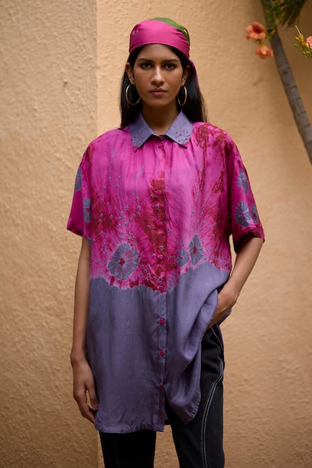 Medha Pink Silk Embroidery Collared Handcrafted And Grey Shirt 