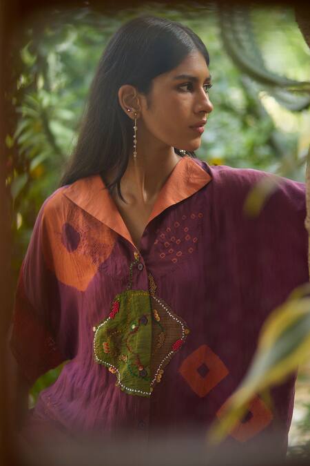Medha Purple Silk Sequins, Embroidery Collared Plum Handcrafted Shirt Online at Aza Fashions Medha_Purple Silk Sequins, Embroidery Collared Plum Handcrafted Shirt _Online_at_Aza_Fashions