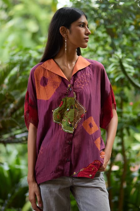 Buy Medha Purple Silk Sequins, Embroidery Collared Plum Handcrafted Shirt Online at Aza Fashions Buy_Medha_Purple Silk Sequins, Embroidery Collared Plum Handcrafted Shirt _Online_at_Aza_Fashions