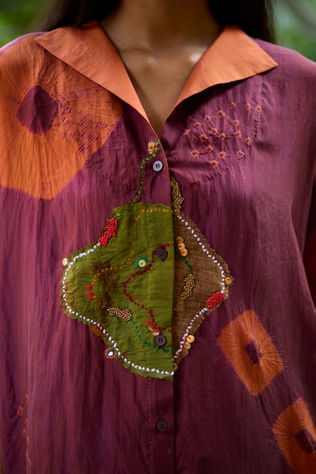 Shop Medha Purple Silk Sequins, Embroidery Collared Plum Handcrafted Shirt Online at Aza Fashions Shop_Medha_Purple Silk Sequins, Embroidery Collared Plum Handcrafted Shirt _Online_at_Aza_Fashions