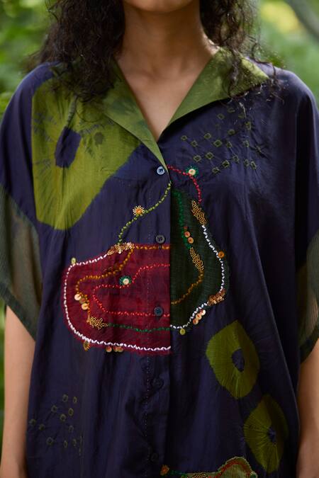 Medha_Blue Silk Embroidery, Beads Collared Deep Handcrafted Designer Shirt _Online_at_Aza_Fashions