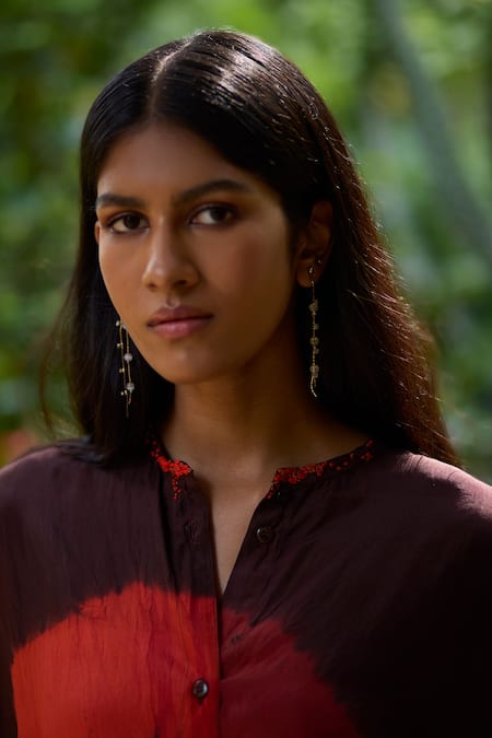 Medha Brown Silk Embroidery Collared Abstract Print Shirt Online at Aza Fashions Medha_Brown Silk Embroidery Collared Abstract Print Shirt _Online_at_Aza_Fashions