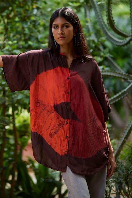 Medha Brown Abstract Print Silk Shirt 