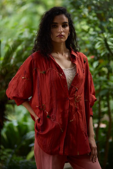 Medha Embroidered Orange Silk Shirt 