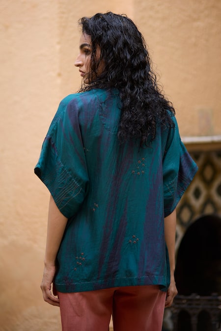 Medha Teal Blue Handcrafted Silk Shirt 