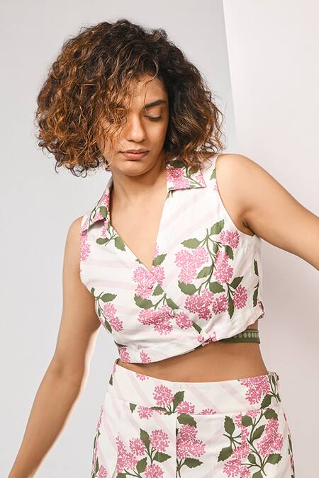 Shop Rimi Nayak Pink Polyester, Rayon Collared Hydrangea Printed Crop Top Online at Aza Fashions Shop_Rimi Nayak_Pink Polyester, Rayon Collared Hydrangea Printed Crop Top _Online_at_Aza_Fashions