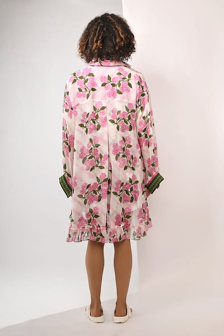 Shop Rimi Nayak Pink Viscose, Georgette Collared Hydrangea Printed Overlay Shirt at Aza Fashions Shop_Rimi Nayak_Pink Viscose, Georgette Collared Hydrangea Printed Overlay Shirt _at_Aza_Fashions
