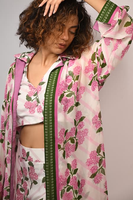Buy Rimi Nayak Pink Viscose, Georgette Collared Hydrangea Printed Overlay Shirt Online at Aza Fashions Buy_Rimi Nayak_Pink Viscose, Georgette Collared Hydrangea Printed Overlay Shirt _Online_at_Aza_Fashions