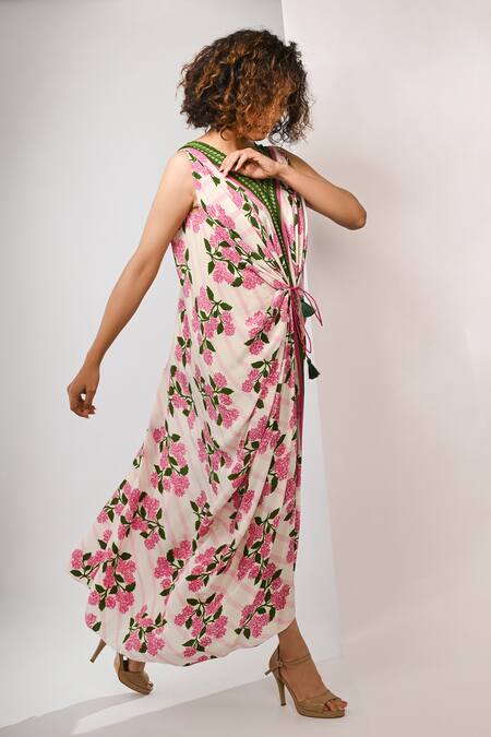 Rimi Nayak_Pink Viscose, Crepe Pearls V-neck Hydrangea Printed Draped Maxi Dress _Online_at_Aza_Fashions