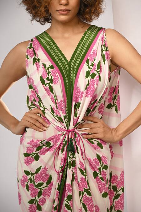 Buy_Rimi Nayak_Pink Viscose, Crepe Pearls V-neck Hydrangea Printed Draped Maxi Dress _Online_at_Aza_Fashions
