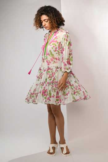 Rimi Nayak White Georgette, Viscose Round Neck Bougainvillea Printed Tiered Dress Online at Aza Fashions Rimi Nayak_White Georgette, Viscose Round Neck Bougainvillea Printed Tiered Dress _Online_at_Aza_Fashions
