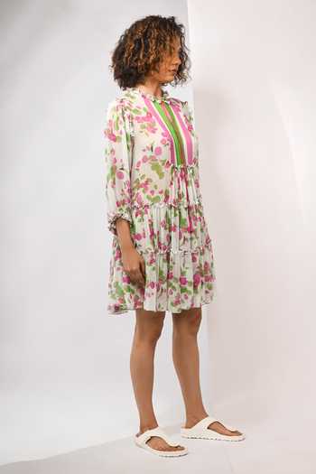 Buy Rimi Nayak White Georgette, Viscose Round Neck Bougainvillea Printed Tiered Dress Online at Aza Fashions Buy_Rimi Nayak_White Georgette, Viscose Round Neck Bougainvillea Printed Tiered Dress _Online_at_Aza_Fashions