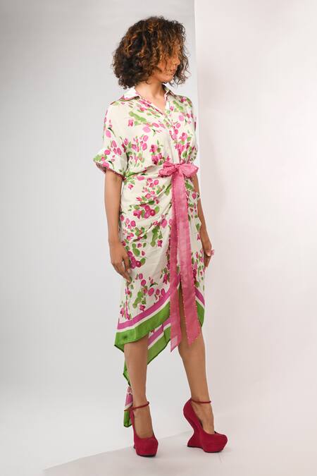 Rimi Nayak Pink Viscose, Crepe Pearls Collared Bougainvillea Printed Draped Shirt Dress Online at Aza Fashions Rimi Nayak_Pink Viscose, Crepe Pearls Collared Bougainvillea Printed Draped Shirt Dress _Online_at_Aza_Fashions