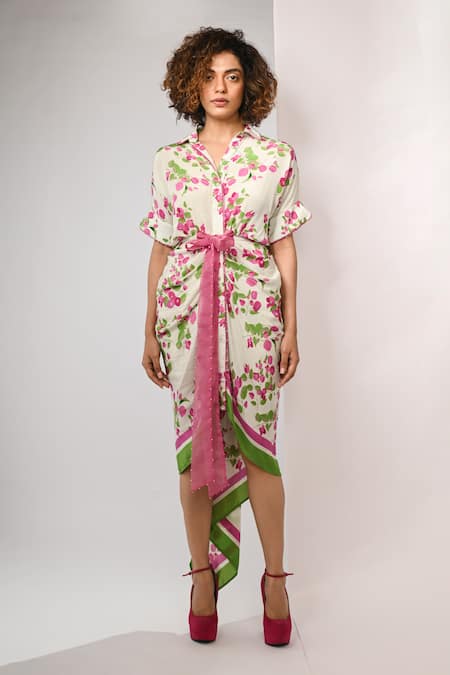 Buy Rimi Nayak Pink Viscose, Crepe Pearls Collared Bougainvillea Printed Draped Shirt Dress Online at Aza Fashions Buy_Rimi Nayak_Pink Viscose, Crepe Pearls Collared Bougainvillea Printed Draped Shirt Dress _Online_at_Aza_Fashions