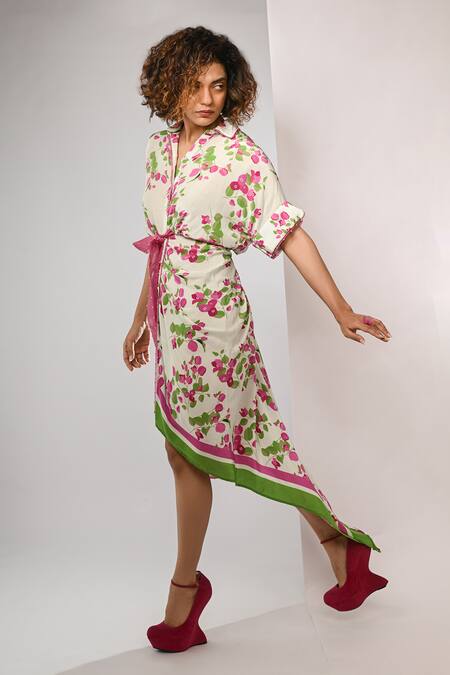 Shop Rimi Nayak Pink Viscose, Crepe Pearls Collared Bougainvillea Printed Draped Shirt Dress Online at Aza Fashions Shop_Rimi Nayak_Pink Viscose, Crepe Pearls Collared Bougainvillea Printed Draped Shirt Dress _Online_at_Aza_Fashions