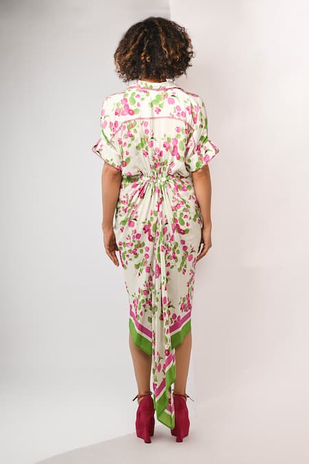 Shop Rimi Nayak Pink Viscose, Crepe Pearls Collared Bougainvillea Printed Draped Shirt Dress at Aza Fashions Shop_Rimi Nayak_Pink Viscose, Crepe Pearls Collared Bougainvillea Printed Draped Shirt Dress _at_Aza_Fashions