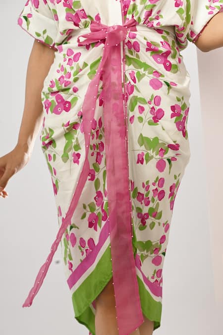 Rimi Nayak Pink Viscose, Crepe Pearls Collared Bougainvillea Printed Draped Shirt Dress at Aza Fashions Rimi Nayak_Pink Viscose, Crepe Pearls Collared Bougainvillea Printed Draped Shirt Dress _at_Aza_Fashions