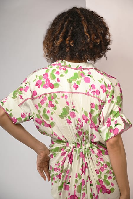 Buy Rimi Nayak Pink Viscose, Crepe Pearls Collared Bougainvillea Printed Draped Shirt Dress Buy_Rimi Nayak_Pink Viscose, Crepe Pearls Collared Bougainvillea Printed Draped Shirt Dress