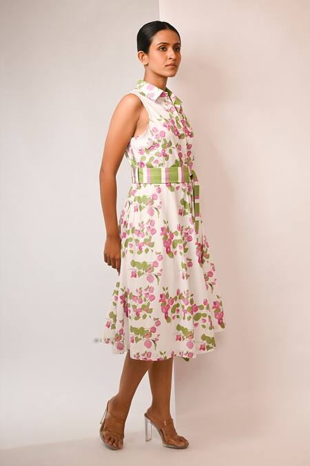 Rimi Nayak_Pink Polyester, Rayon Pearls Collared Bougainvillea Printed Summer Dress _Online_at_Aza_Fashions