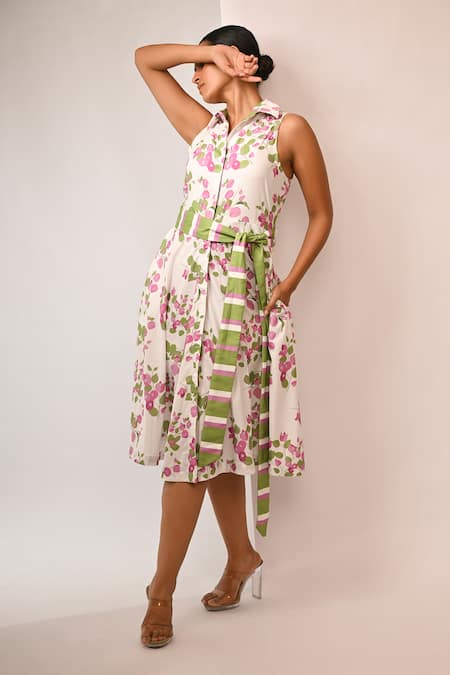 Rimi Nayak Pink Polyester, Rayon Pearls Collared Bougainvillea Printed Summer Dress