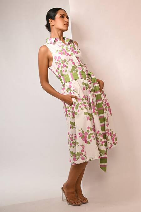 Buy_Rimi Nayak_Pink Polyester, Rayon Pearls Collared Bougainvillea Printed Summer Dress _Online_at_Aza_Fashions